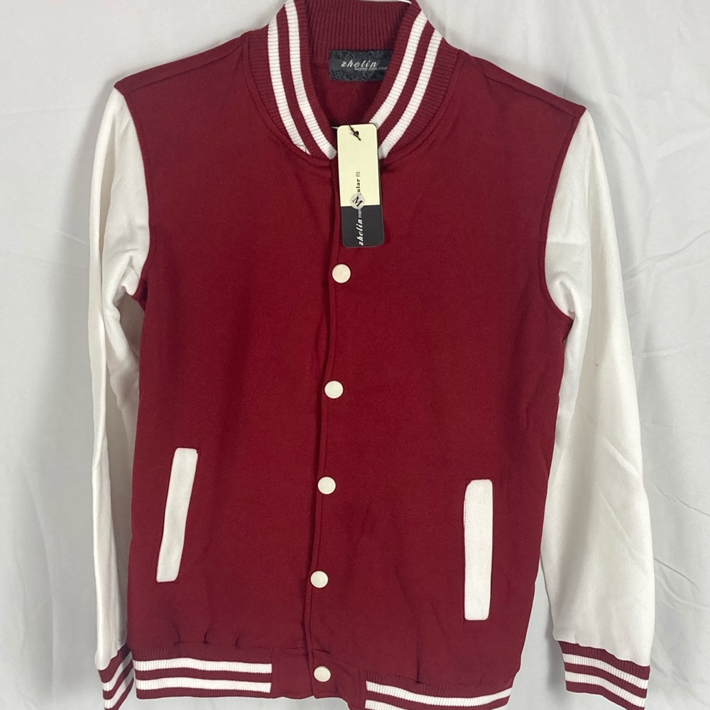 Zhelin Men Maroon w/ white stripes Regular Fit Letterman Jacket. Size M